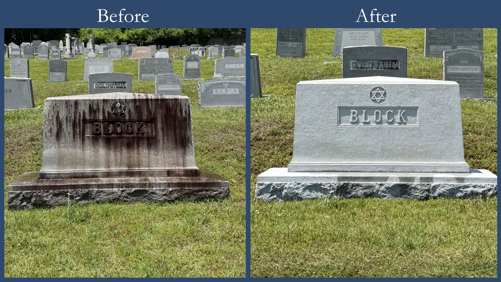 Block granite monument before and after professional cleaning by Rico Monuments in Chattanooga