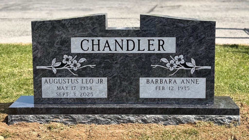 Custom Bahama Blue granite companion monument designed and installed by Rico Monuments in the Chattanooga area
