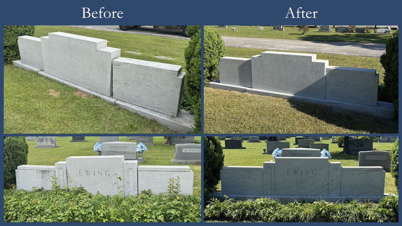 Front and back of Ewing family monument before and after professional resetting and restoration by Rico Monuments
