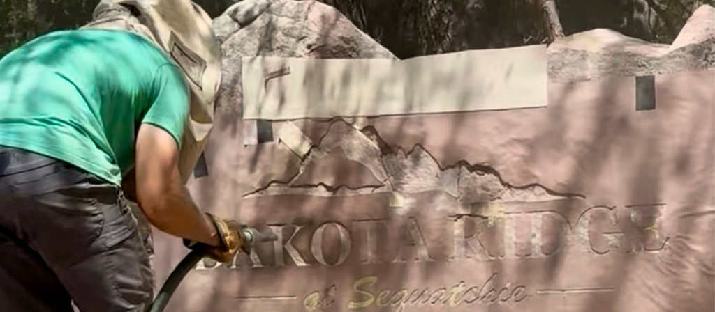 Rico Monuments engraving an existing stone entrance sign on site