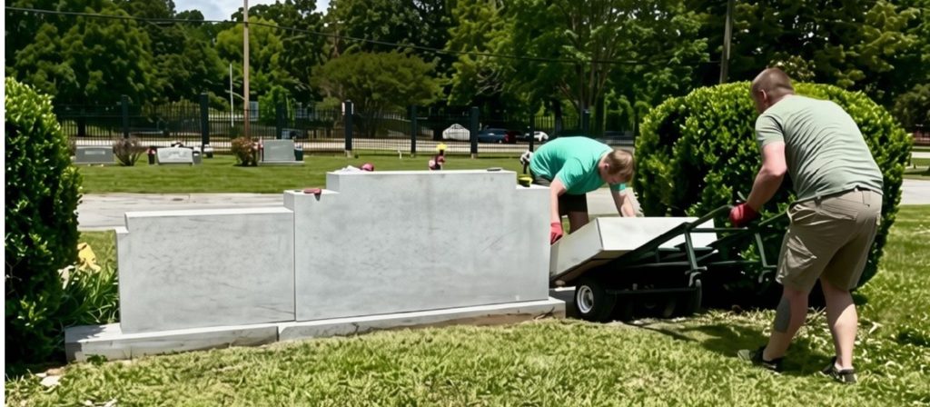 Rico Monuments crew professionally resetting a granite family monument in Chattanooga
